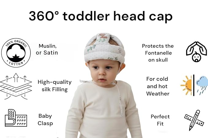 Soft Organic Helmet for Toddlers Learning to Walk, Ages 6–14 Months (Bunny on a White Background)