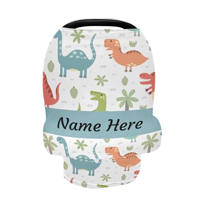 Customized Cartoon Dinosaur Baby Car Seat Covers for Boys, Personalized Carseat Canopy with Name, Nursing Breastfeeding Scarf for Babies, Gift for Infant Newborn, Multiuse Stroller Cover