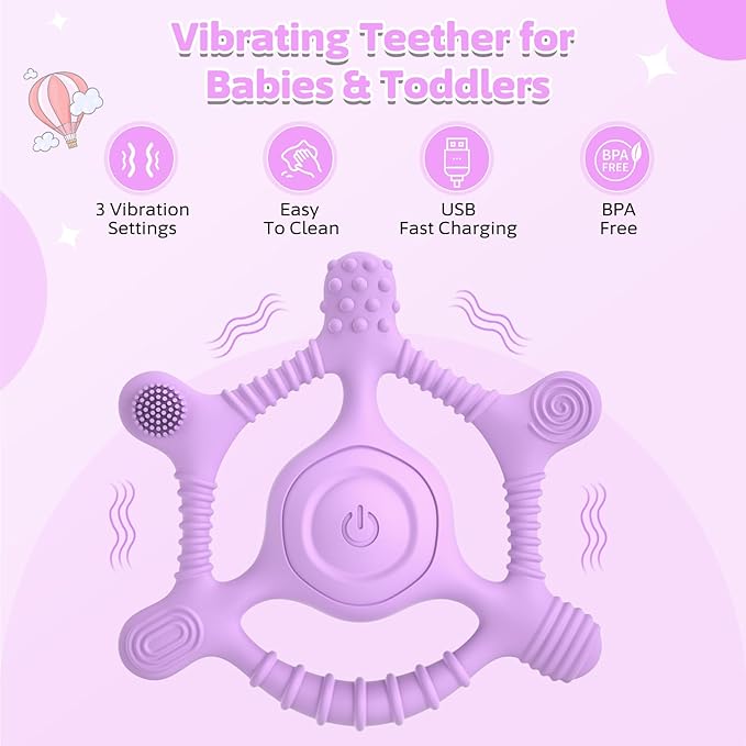 Vibrating Teether for Baby, Sensory Toys for Kids with Autism & Teething Relief for Babies 6-18 Months, USB Chargeable with 3 Vibration Settings, Autism Sensory Products (Purple)