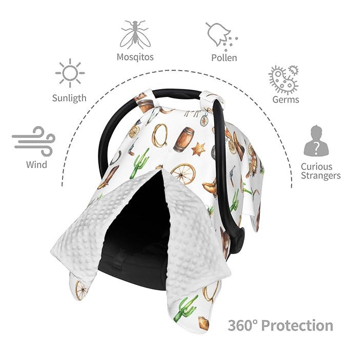 Western Carseat Covers Baby, Winter Carseat Cover for Baby, Minky Baby Car Seat Cover for Boy & Girl, Peekaboo Opening Car Seat Canopy for Newborn, Cowboy Multi Use Mom Nursing Cover