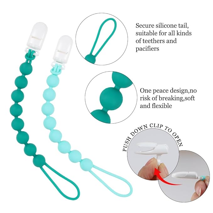 4 Pcs Green Baby Silicone Teething Pacifier Clip,One-piece Design,Round Shape,Smooth Surface,BPA Free.