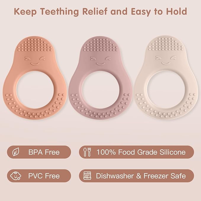 Eascrozn 3 Pack Baby Teething Toys, Food Grade Silicone Teethers for Babies 3-6 6-12 Months, Avocado Shape Baby Teether with Easy to Hold, Teething Relief for Babies, BPA Free