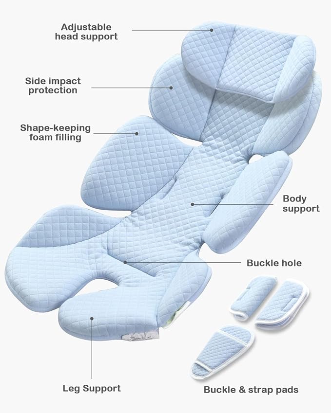 Infant Car Seat Insert Adjustable Head Support for Preemie Newborn Toddler, Reversible Baby Head Body Support Cushion for Carseats and Strollers Side Impact Protection - Light Blue