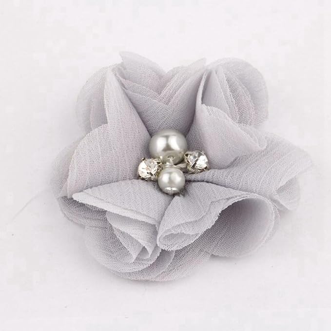 50 Pcs 2" Mini Chiffon Flowers with Rhinestones for Baby Girls Hair Accessories Artificial Fabric Flowers for Headbands Craft Projects (Grey)