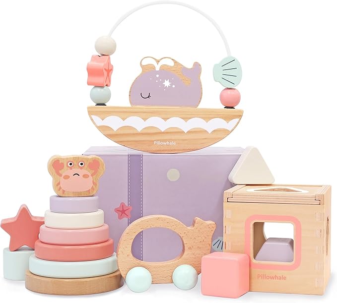 Pillowhale Montessori Wooden Toys Set for Toddlers 12M+ – 4-in-1 Educational Toy with Stacking Rings, Shape Sorter, Bead Maze & Push Car
