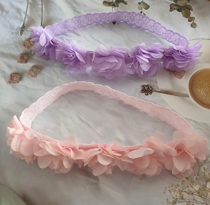 Jilukibo Baby Elastic Lace Bows Flower Headbands, Stretch Gold Princess Floral Hair Band Headwear for Infant Girls Toddler Hair Accessories (2 Pack, Purple Pink)