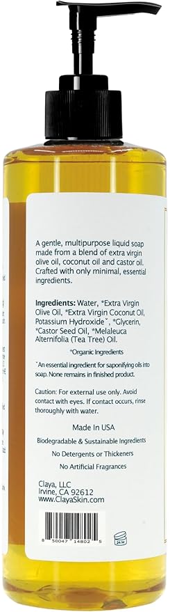 Liquid Castile Soap – Organic Ingredients, Biodegradable, Gentle for Sensitive Skin and Versatile Use (16 fl oz (Pump Cap), Tea Tree)
