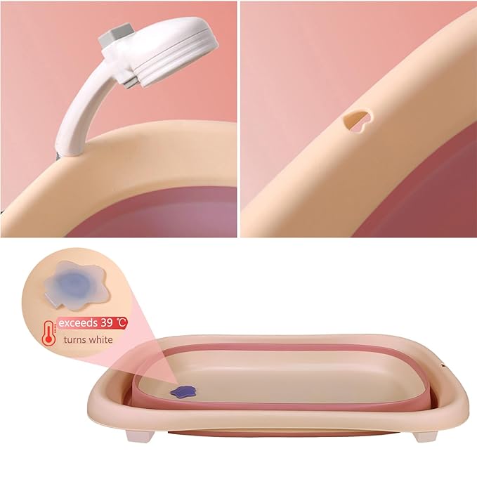 Collapsible Baby Bathtub with Bath Pad Large Baby Bathtub Portable Bathtub with Drain Hole Folding Bathtub with Water Temperature Sensing