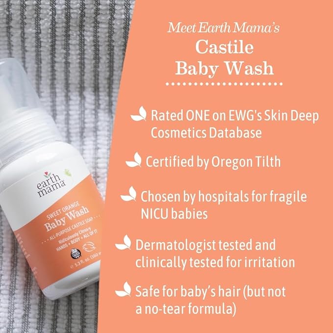 Earth Mama Sweet Orange Baby Liquid Wash Foaming Hand Soap, Organic All Purpose Body Wash for Sensitive Skin, Castile Soap with Coconut Oil, Shea Butter, Calendula, & Aloe, 6.27 fl oz