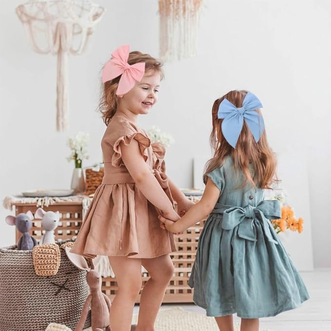 12 PCS Large Fable Bow Hair Clip for Little Girl Kids Linen Velvet Hair Bows Barrettes Alligator Clips Baby Mom Women Hair Accessories (Linen 12 PCS)