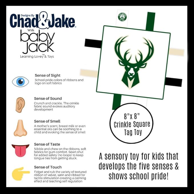 The Learning Lovey Milwaukee Bucks Baby 8x8” Tag Toy - NBA Basketball - Baby Sensory Crinkle Toys - Soft & Safe - Ideal Baby Stroller Toy - BPA Free w/Stroller Clip (8" x 8" Tag Toy)