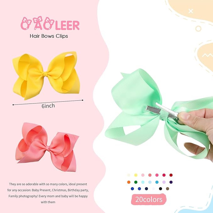 Oaoleer 20PCS 6 Inch Hair Bows for Girls Grosgrain Ribbon Toddler Hair Accessories with Alligator Clips for Toddlers Baby Girls Kids Teens