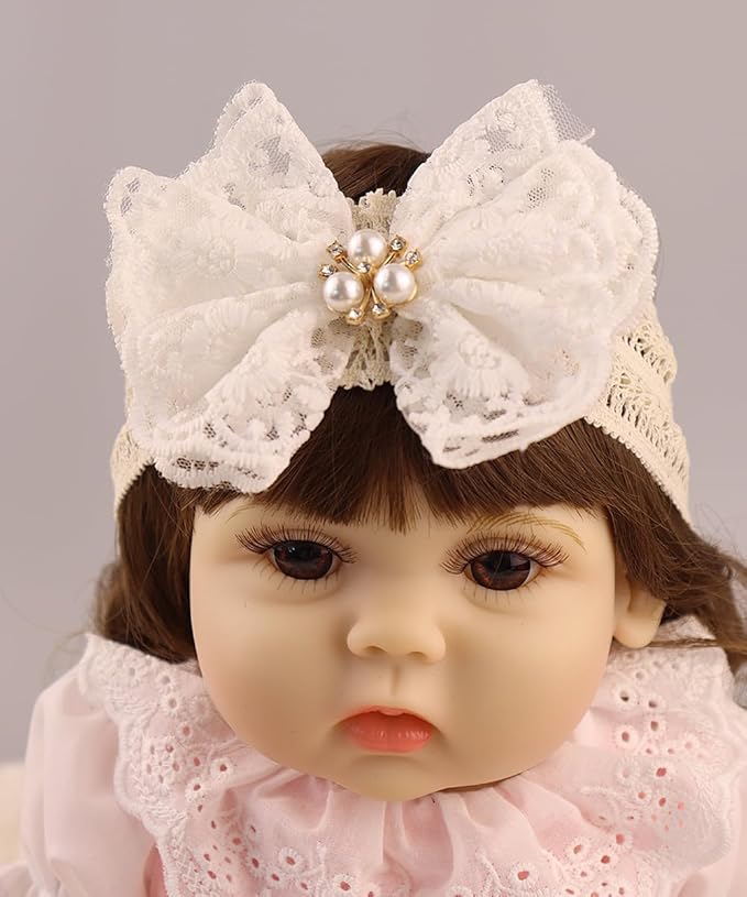 Lace Flower Bow-knot Baby Girls Headband Birthday Infant Wrap Elastic Baby Turban Hairband for Newborn Infant Toddler Kids (White pearl)