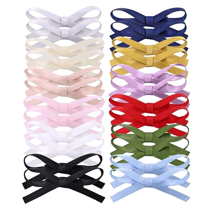 24 PCS Small Hair Ribbon Bow Fully Lined Clips for Girls Women Toddler Baby Youth Playful Hairpins Decoration Satin Bows (24 PCS Multicolors)
