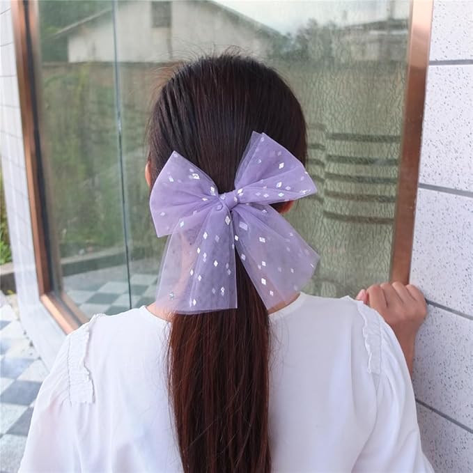 Large Tulle Hair Clips for Baby Girls and Women - Lace Bow Cottagecore Lightweight Gauze Barrettes Accessories (Fresco and Navy Foil)