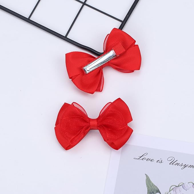 Tiny 3 Inch Organza Double Hair Bow Clips - Lined Boutique Alligator Hairpin for Baby Girls, Toddlers, and Little Teens - Kids Barrettes Set of 2 Small Stylish (Red)