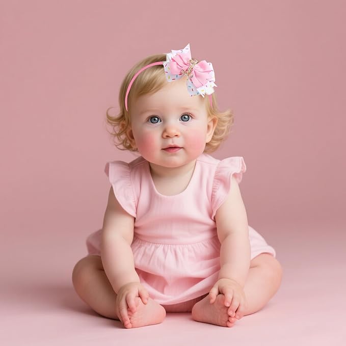 1st Birthday Hair Bow for Baby Girls, Pink Headband Hair Accessories for Girls 1 2 3 4 5 6 Years Birthday Confetti Ice Cream Party Supplies Decorations