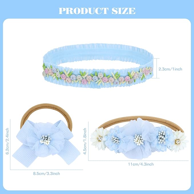 Dizila 6 Pieces Super Soft Stretchy Purple Light Blue Baby Girl Bow Flower Nylon Headbands Floral Lace Headbands Hair Accessories for Newborns Infants Toddlers Girls Kids