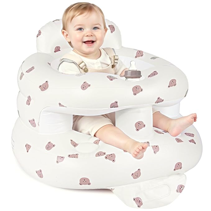Inflatable Baby Seat for 3-36 Months, Baby Seats for Infants for Sitting Up with Back Support Built in Air Pump, Surround Sit Me Up Floor Seat for Baby Chair for Learning Sit, Feeding (Bear)