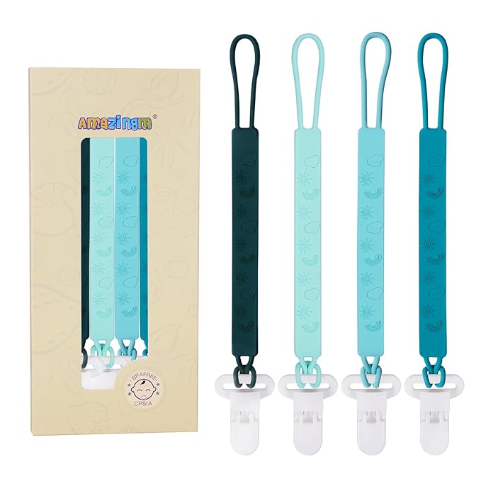 One Piece Design Silicone Pacifier Clip Holder for Baby Boys and Girls,Pack of 4 Flexible Paci Leash,Binky Clips,Newborn Essentials (Sun & Cloud & Rainbow, Green)