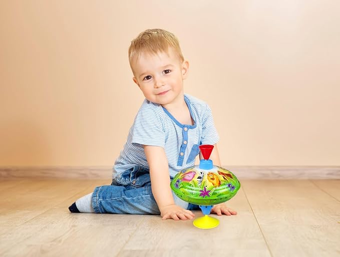 Lena 52263 tin Toys Humming Jungle Ø 16 cm, Spinning, Classical Pump Action, Metal Animal Motif, top with Stand, for Children from 18 Months