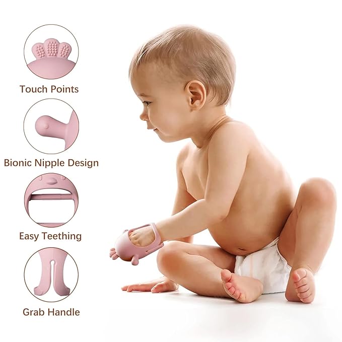 2 Pack Baby Teether Toy, BPA Free Silicone Mitten Glove Teether for Sucking Needs, Baby Teething Toys 0-3-6-12 Months, Hand Pacifier Chew Toys for Teething Pain Relief (Pink & Beige)
