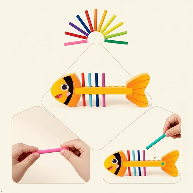 Montessori Fine Motor Skills Toys for Toddlers, Wooden Fishbone Color Matching & Sorting Toy with 20 Task Cards, Learning Educational Gifts for 3 4 5 6 Year Olds, Baby Sensory Training Toys