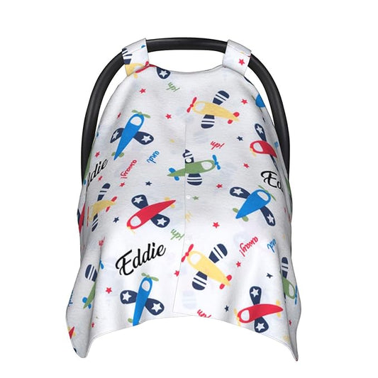 Personalized Little Plane Baby Car Seat Canopy for Babies with Name, Custom Car Seat Covers for Boys Girls, Peekaboo Opening Minky Nursing Breastfeeding Cover Infant Stroller Canopies for Newborn