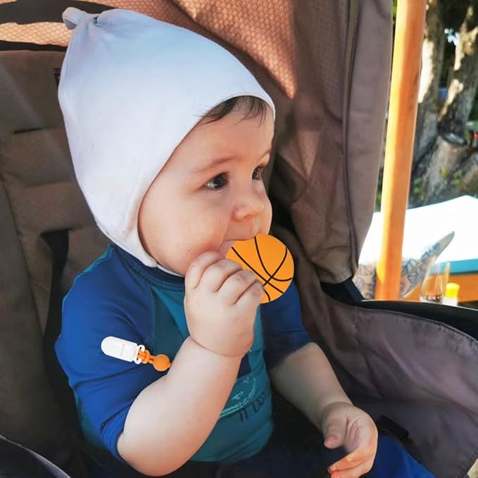 Baby Sports Ball Teething Toys,Food Grade Silicone Teether with One-piece Pacifier Clip Holder,Shower Gift,Teething Pain Relief for 3 Months+ Boy and Girl,BPA Free,Freezer Safe. (Basketball)