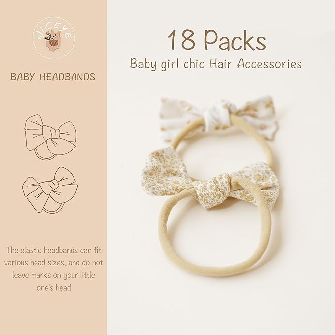 Niceye Baby Girl Bows and Headbands, Handmade Stretchy Nylon Hairbands Hair Bows for Newborn, Infant, Toddler - Soft Baby Hair Accessories - 18 Packs