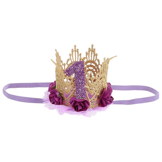 1st Birthday Tiara Headband for Baby Girl - Glitter Number Tiara, Flower Headband, Toddler Infant Kids Purple Hat