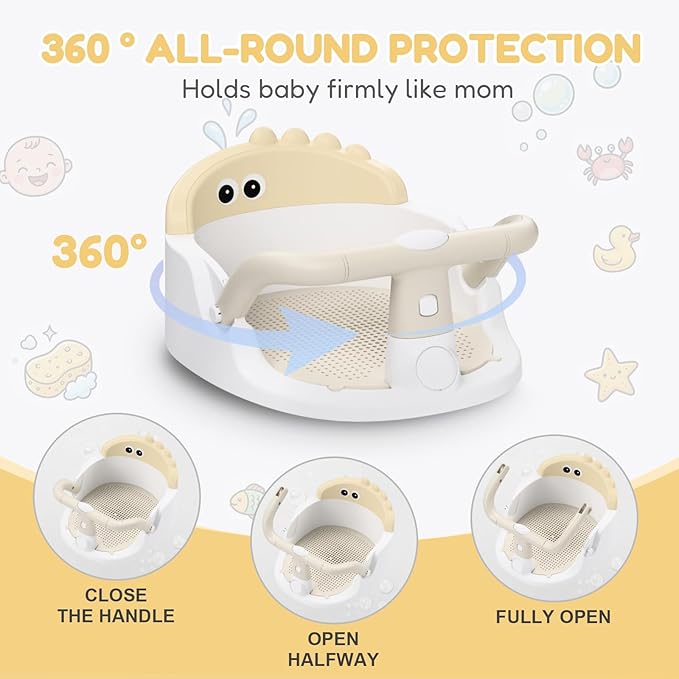 Baby Bath Seat for Babies 6 Months & Up Sitting Up | 360° Stable Toddler Bath Chair with One-Touch Button | Baby Bath Tub Seat with Suction Cups | Open Design, Compact, Detachable, Non-Slip(Yellow)
