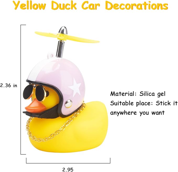 wonuu Rubber Duck Car Ornaments Cool Yellow Duck Car Dashboard Decorations Squeaky Glasses Duck with Propeller Helmet for Car ccessories Dashboard (Y-White&Pink-Yellow G)