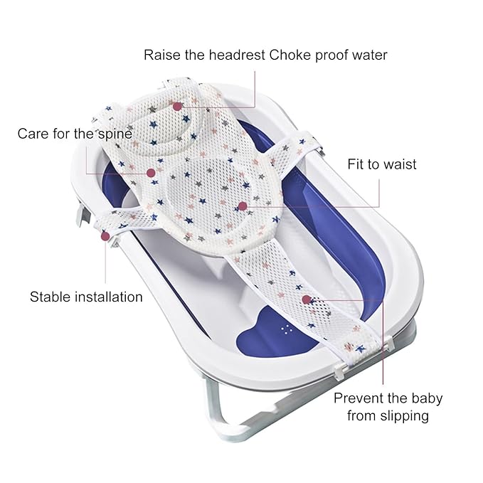 Baby Bath Seat for Newborns and Infants, Adjustable Bathtub Sling with Mesh Support Net, Blue