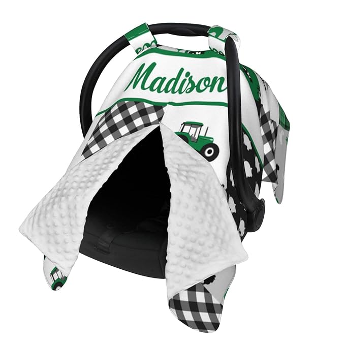 Personalized Baby Car Seat Canopy for Babies with Name, Custom Farm Theme Green Car Seat Covers for Boys Girls, Opening Minky Nursing Breastfeeding Stroller Cover Carseat Canopies for Infant Newborn