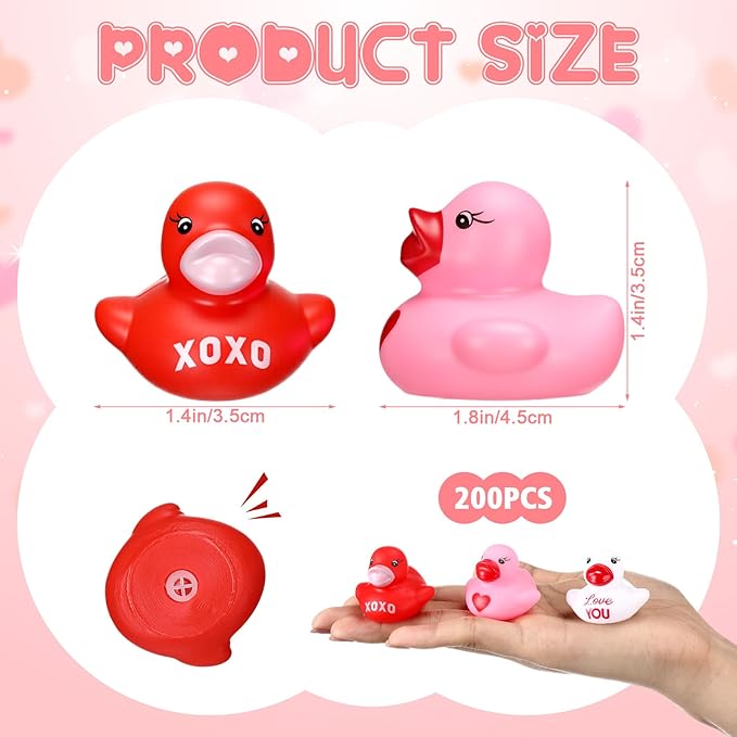 Lunmon 200 Pcs Valentine's Day Rubber Duck Heart XOXO Valentines Duck 1.4 Inch Pink Red White Float Toys for Party Favors Prizes Exchange Gifts Goodie Bag Fillers, 3 Styles