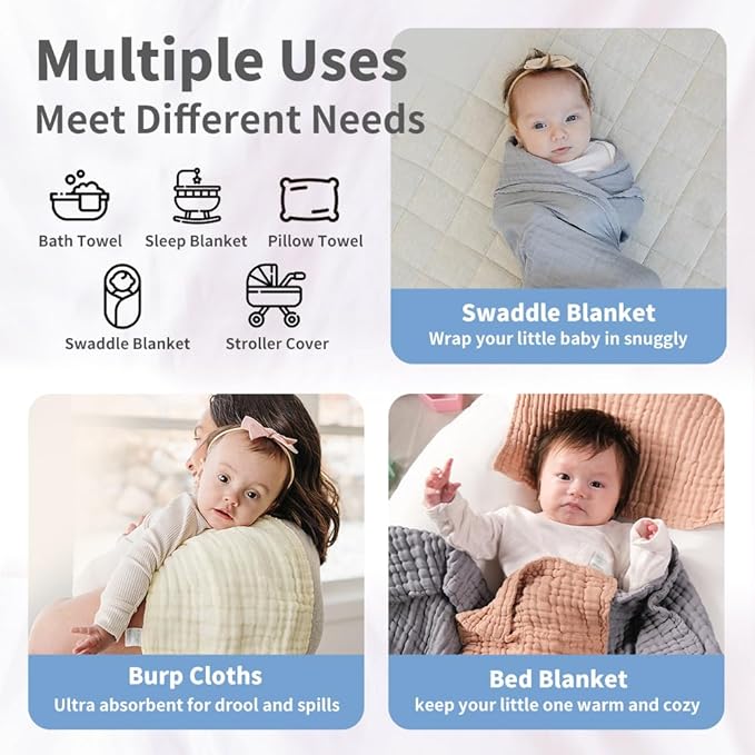 L'Ange Baby Washcloths and Burp Cloths Set - 3 Pack of 9 Layer 100% Cotton Muslin for Sensitive Skin - Super Absorbent - Medical Grade Packaging for Infants Newborns and Toddlers- 9x9 - White
