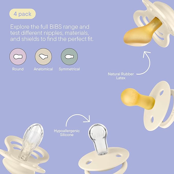 BIBS Try-It Collection | 4-Pack Soothers | BPA-Free Round, Anatomical & Symmetrical Nipple | Natural Rubber Latex/Silicone | Made in Denmark | 0-6 Months | Vanilla
