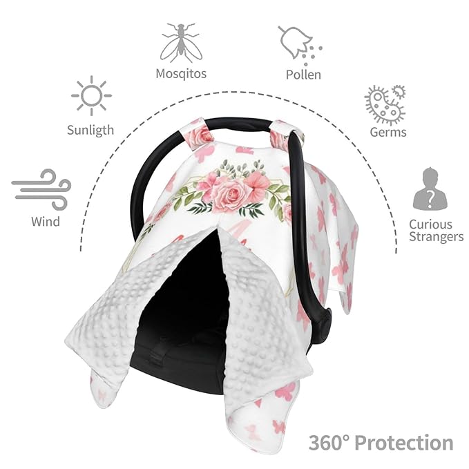 Customized Baby Car Seat Cover with Name, Personalised Butterfly Baby Carseat Canopy for Girls, Multi-use Nursing Breastfeeding Covers for Infant Newborn, Shower Gifts for Babies