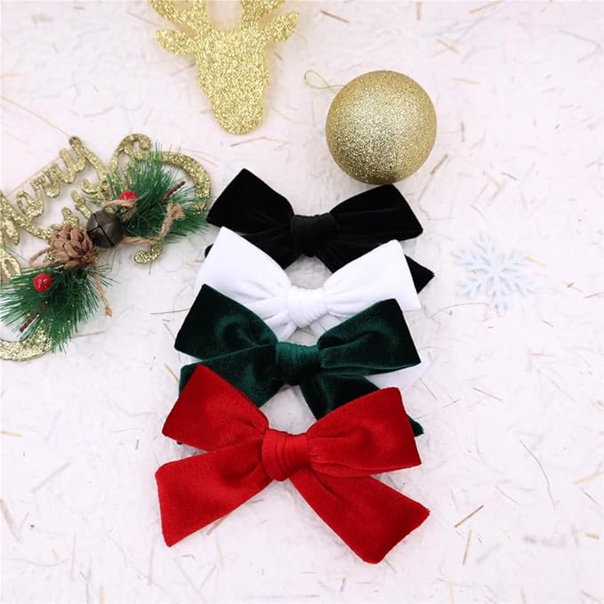 Vintage Velvet Bow Hair Clips for Baby Girl Kids Women Fall Velvet Christmas Hair Bows Barrettes Accessories (4 pcs Green/Red)