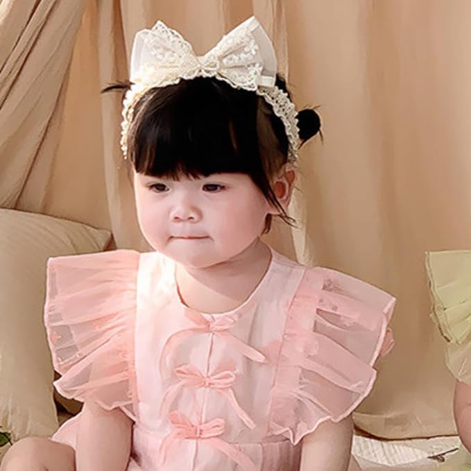Baby Girls Hairband White Bow Lace Headbands Handmade Soft Stretchy Bowknot Hairbands Newborn Headband with Bows Pearls Elastic Head Band for Newborn Infant(Embroidered Pearl Bow)