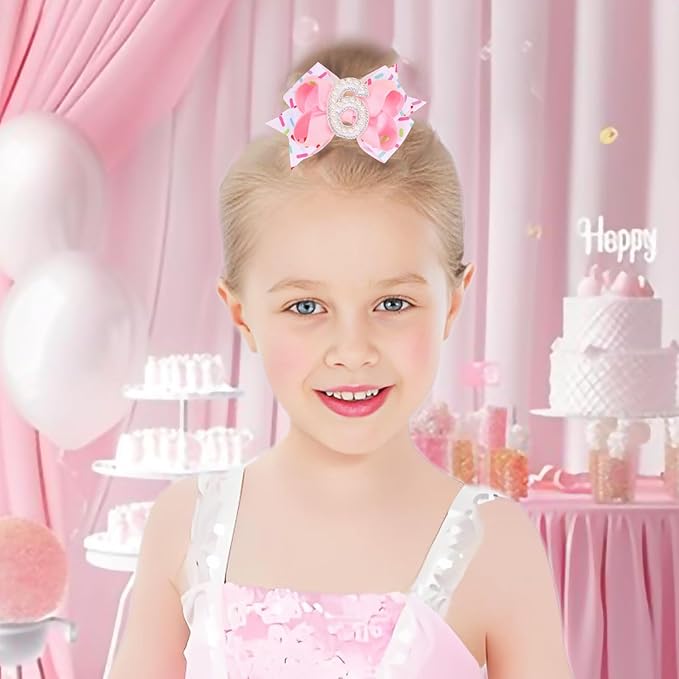 Birthday Pearl Hair Bow Clips for Baby Girls - 2Pcs Sweet Pink Hair Clips Number 6 Made of Many Small pearls for 6th Birthday Bow Party Decorations for Girls Toddlers Hair Accessories