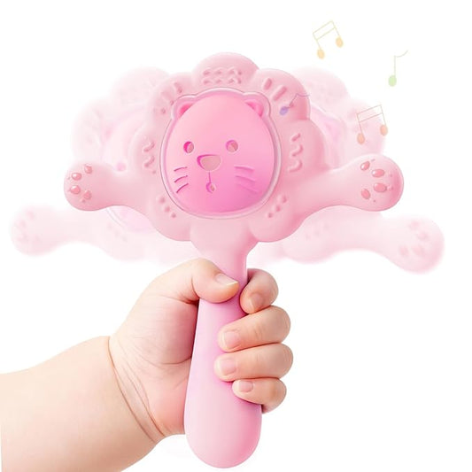 Lion Baby Teething Toy with Rattle, Food-Grade Silicone Montessori Sensory Toy for Babies 0-6 6-12 18 Months, BPA-Free Infant Sore Gum Relief & Motor Skills Development - Pink