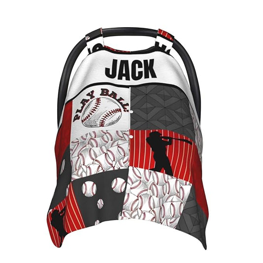 Personalized Baby Car Seat Canopy for Babies with Name, Custom Car Seat Covers for Boys Girls, Infant Opening Minky Nursing Breastfeeding Stroller Cover Carseat Canopies for Newborn (Baseball)