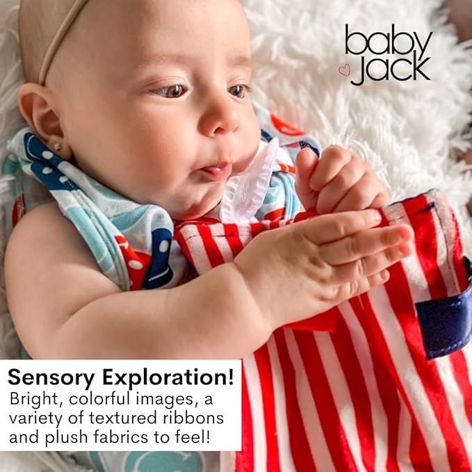 Baby Jack & Co 8x8” American Flag Lovey Patriotic Tag Toy - Crinkle Toys for Development of Five Senses - Soft & Safe - God Bless America - Military Child - BPA Free Clip for Stroller Toy