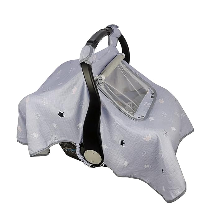 ICOPUCA Car seat Covers for Babies, kick-Proof carseat Cover boy Girls, carseat Canopy with Window, Light Weight Muslin, fit Summer/Autumn/Spring, Neutral, Grey Crown;