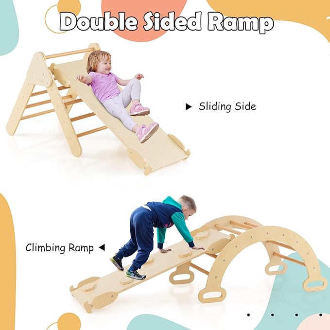 Olakids Pikler Triangle Set 7 in 1 Climbing Toys for Toddlers 1-3 Inside Foldable Wood Montessori Jungle Gym with Ramp Slide Arch Rocker Ladder Indoor Kids Activity Playground Baby Climber