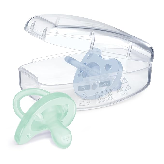Chicco PhysioForma Orthodontic Pacifier for Babies 0-6 Months, 100% Soft Silicone, BPA Free & Breathing Support, 2-Pack with Sterilizing Case, Light Blue/Green