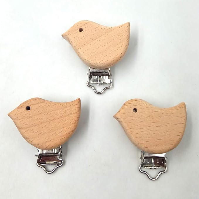 10pcs Natural Wood Suspender Pacifier Clips Cute Beech Wooden Animal Bird Shape Clips Charm DIY Beading Pacifier Chain Accessory