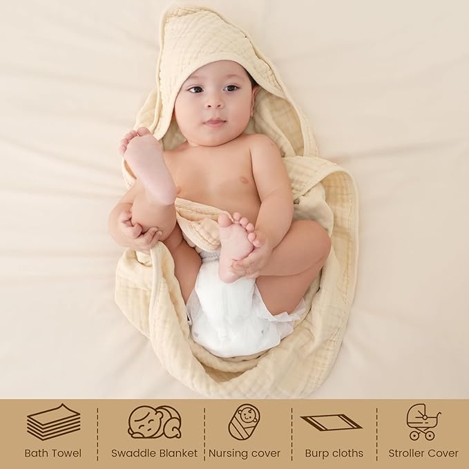 david's kids 2 Pack Hooded Baby Towels, 100% Muslin Cotton 6-Layer Ultra Soft Breathable Absorbent Baby Bath Towels for Infant and Toddler, Newborn Essentials, Large 32x32Inch, Beige & Brown